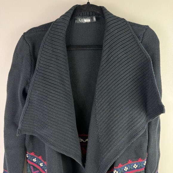 Lauren Ralph Lauren Fair Isle Open Front Cardigan Sweater Black Knit Size M - Picture 7 of 12